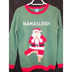 Norther Pole Womens Green Namasleigh Yoga Santa Ugly‎ Christmas Sweater Size S